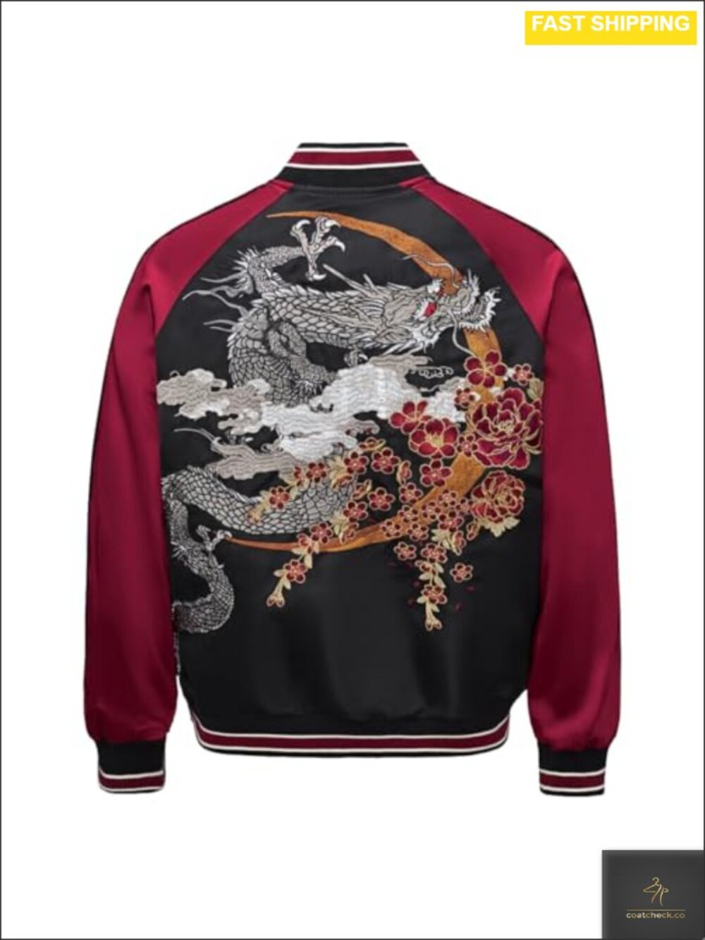 Satin Dragon Embroidery Bomber Jacket Full-Zip Windbreaker Streetwear